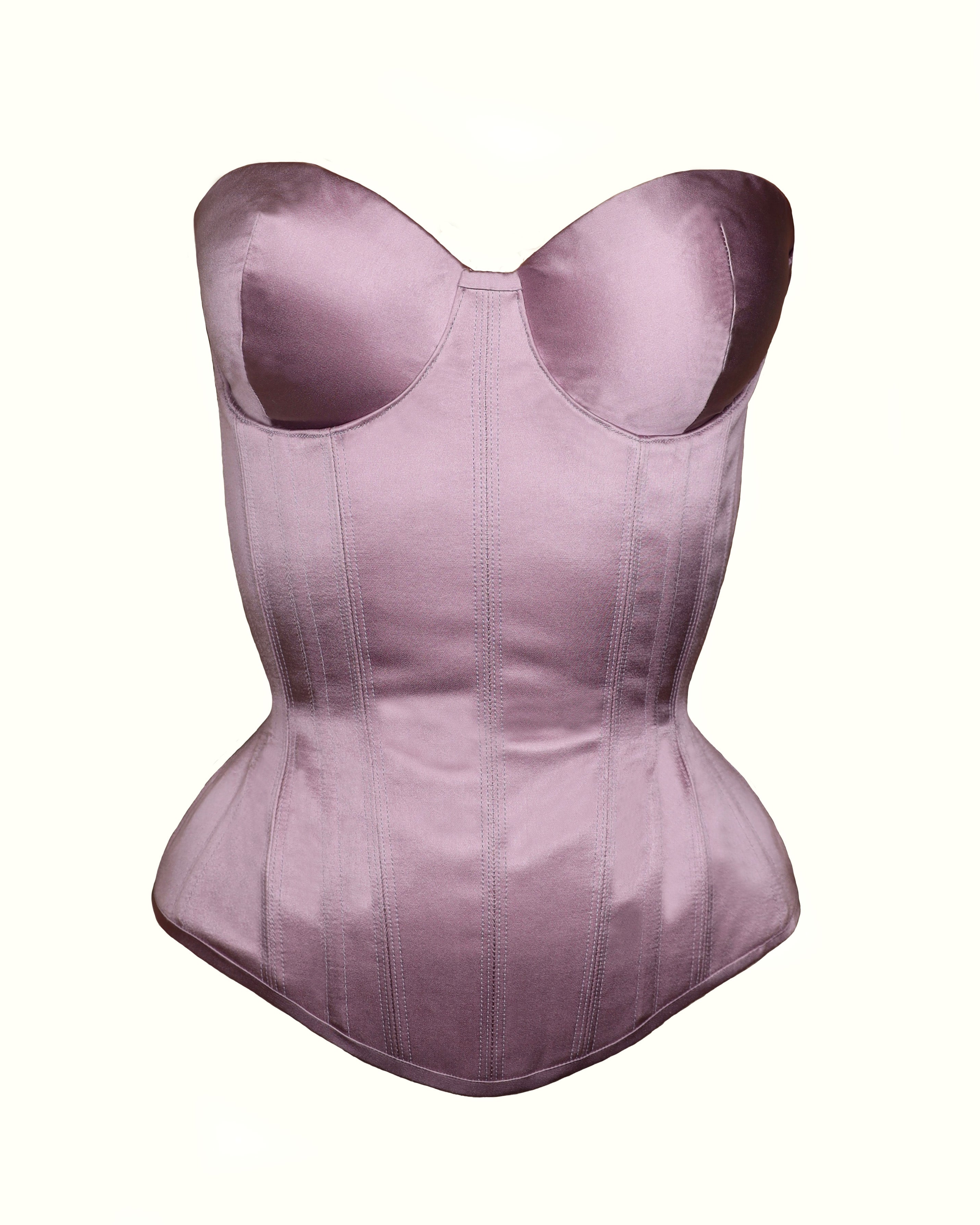 Garnet dupioni quarter cup corset with matching double casings, chiffon and  silk ruffles at the hems, matching binding a…