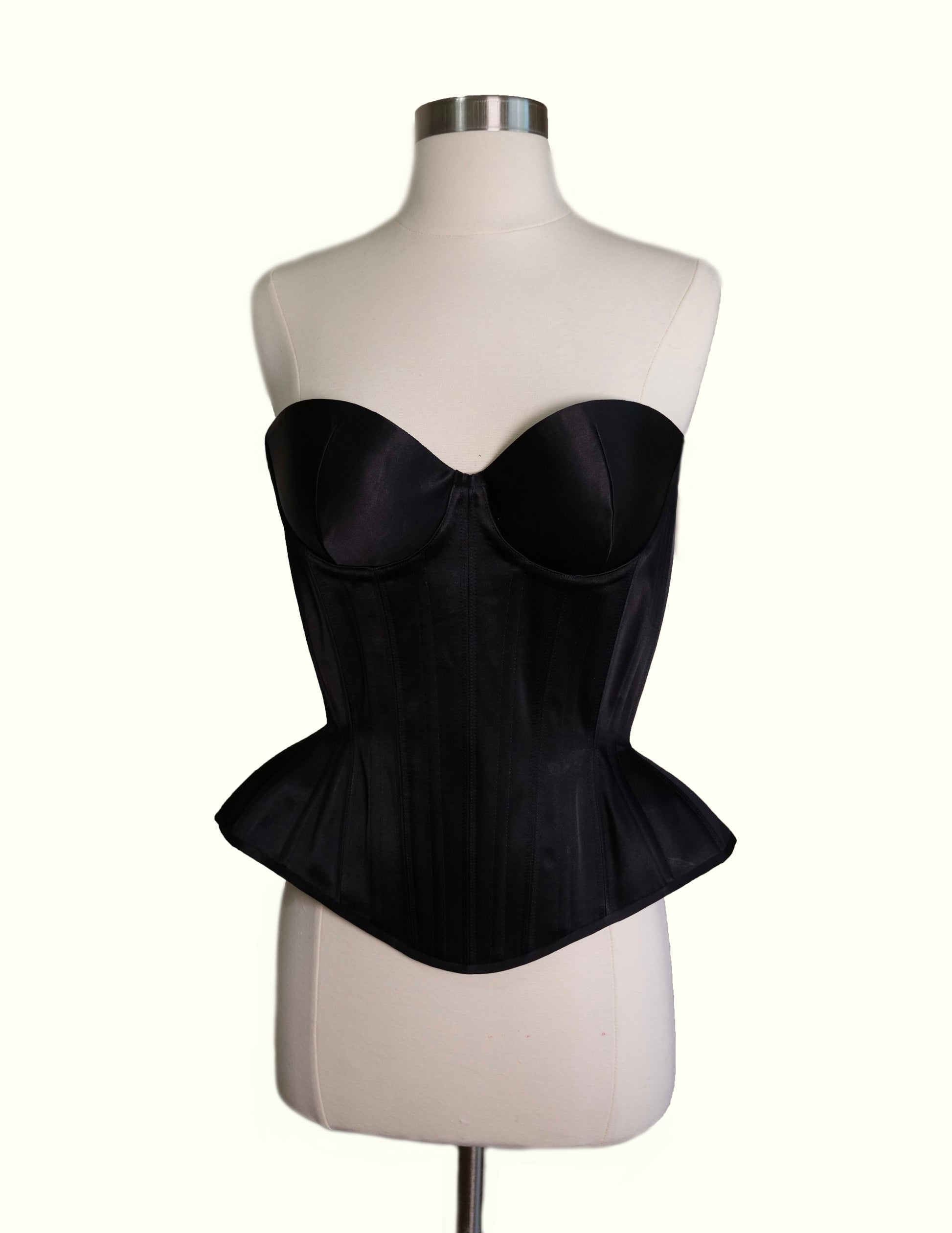 Garnet dupioni quarter cup corset with matching double casings, chiffon and  silk ruffles at the hems, matching binding a…